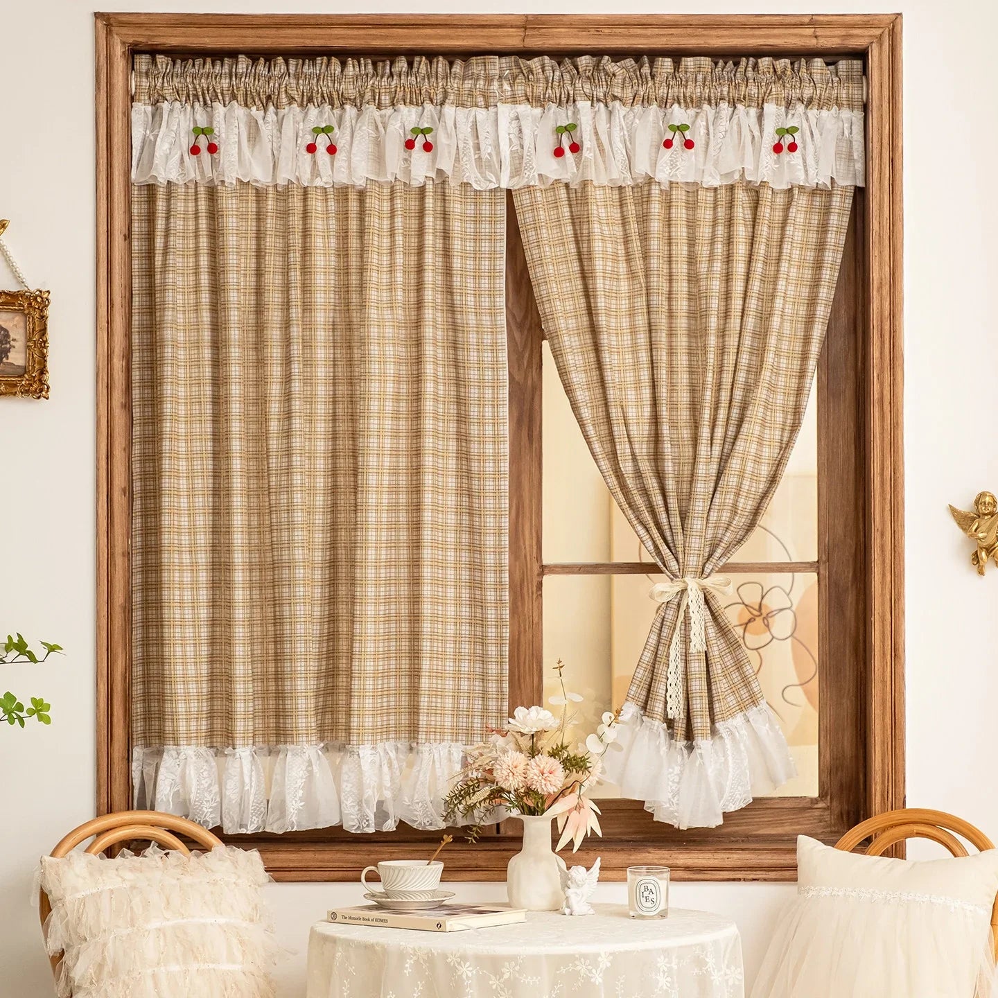 American Sweet Style Plaid Pattern lace Curtain Fabric Kitchen Door Curtains Cafe Living Room Window Kitchen Home Decoration