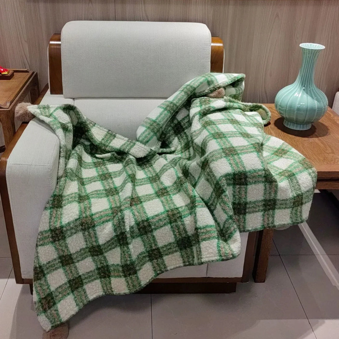 Bohemian Vintage Plaid Sherpa Throw Blanket, Soft Flannel Couch Cover for Couch, Single Size Lightweight Blanket for Adults,Gift