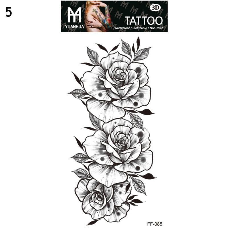 Sexy Black Flower Temporary Tattoos For Women Thigh Men Arm Sleeve Rose Flower Realistic Fake 3D Tatoos Forearm Tattoo Stickers