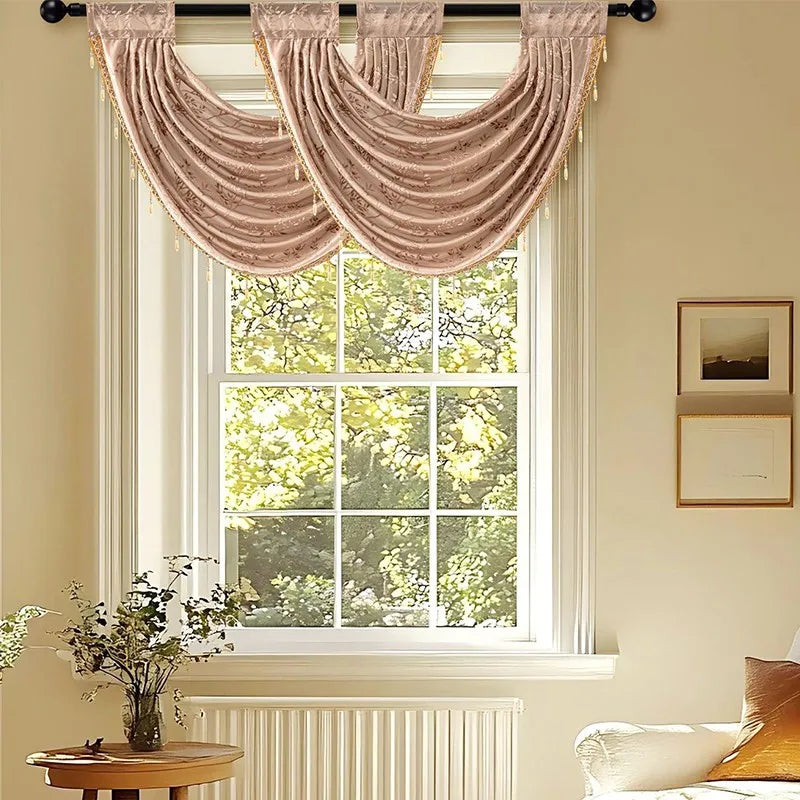 140x60cm Curtain Valance Livingroom Beaded Rod Pocket Scallop Header Window Panel Drapes With Fringe Tassel Home Decoration