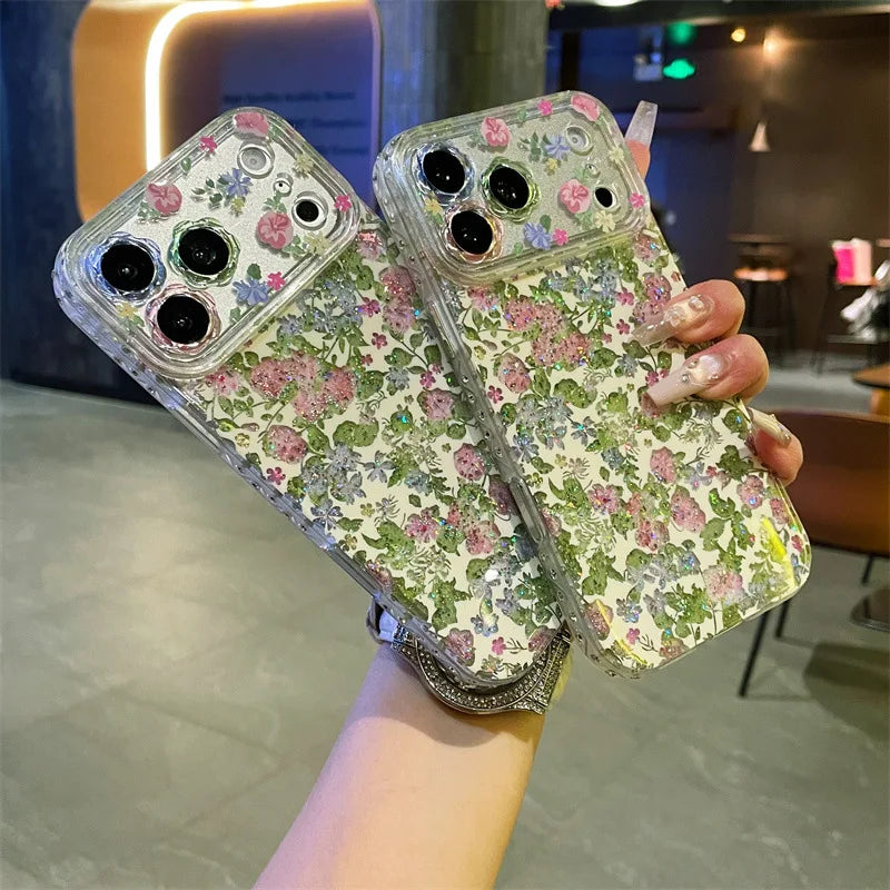 Korean Full Screen Colorful Flowers Glitter Pattern Phone Case for iPhone 17 16 15 14 Pro Max Shockproof Protective Cover