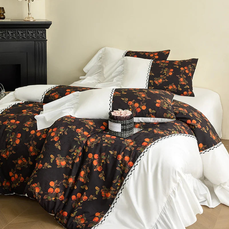 Oil Painting Style Bedding Set Luxury 100% Cotton Digital printing Ruffles Duvet Cover Bed Sheet Pillowcases Home Textile