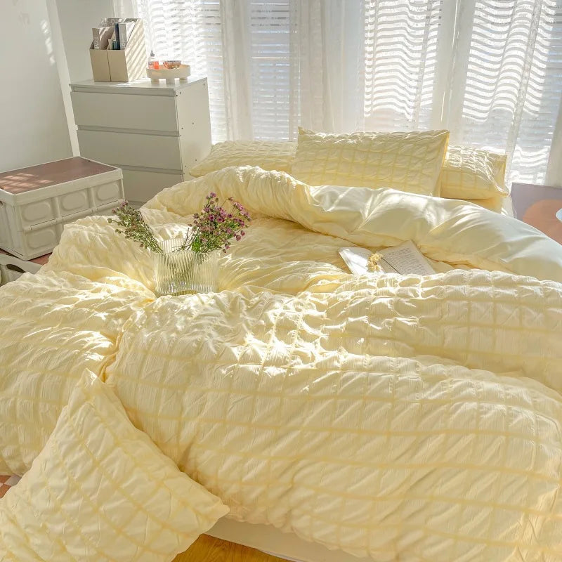 Simple Two-Tone Seersucker Bedding Set Super Soft Skin-Friendly Sheet Kit with Quilt Cover Nordic Solid Breathable Home Textile