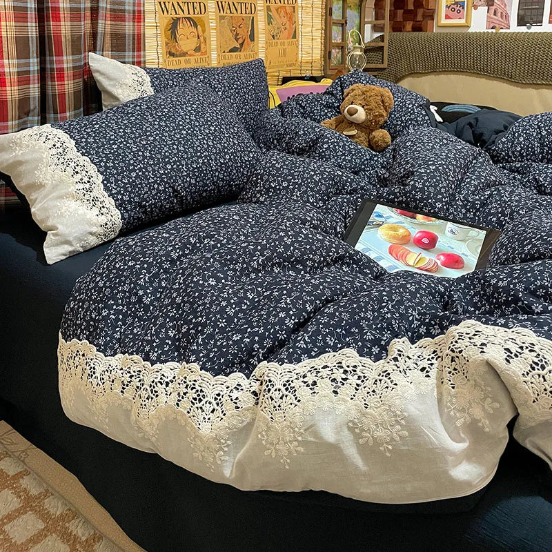 French Double-Layer Yarn Printing Bedding Set Comfort Colorfast Comforter Sets with Lace Retro Floral Skin-Friendly Bed Linens