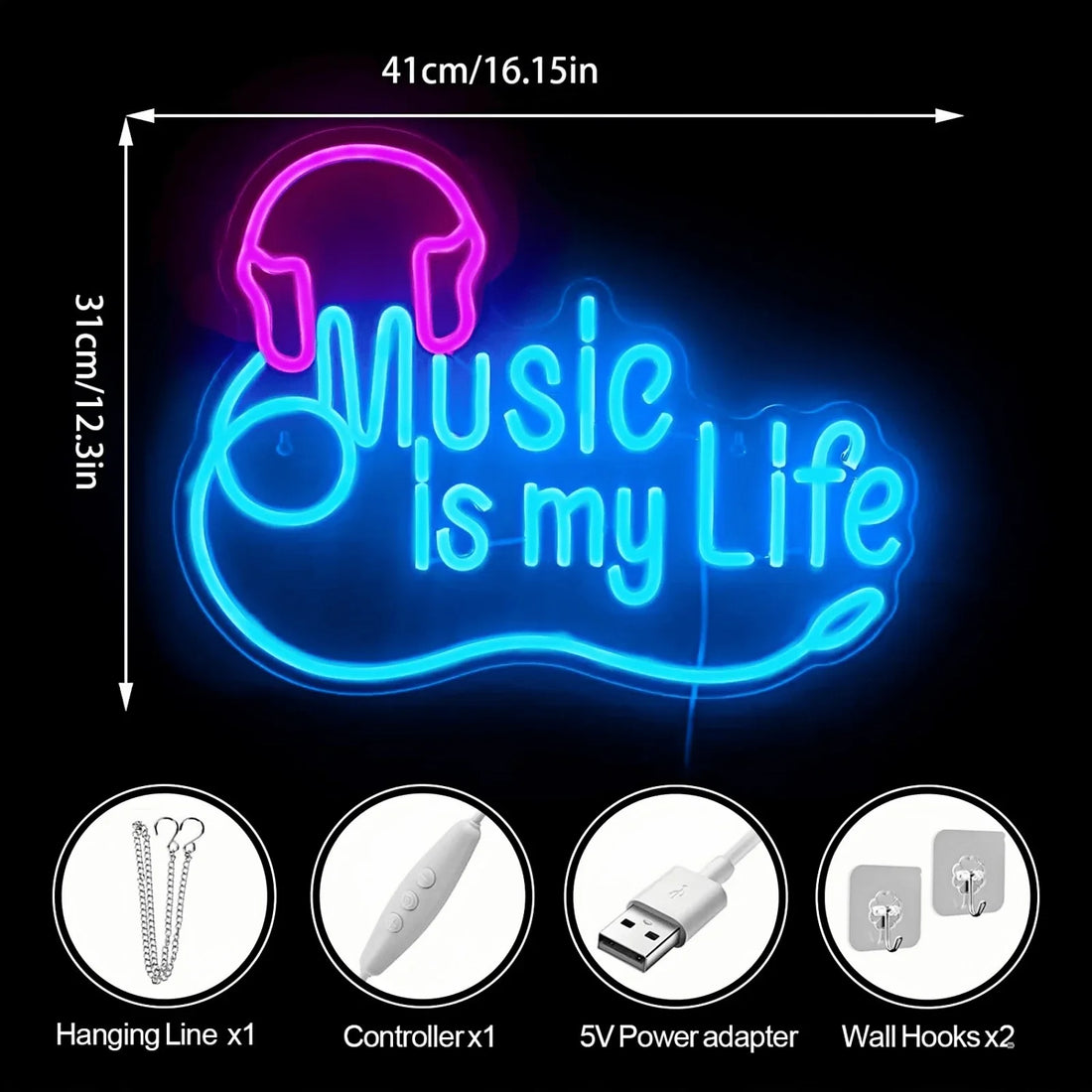 Music Is My Life Neon Sign, Blue & Pink LED Neon Light with Headphone & Note Design, USB Powered Wall Decor for Bar, Bedroom & Music Studio