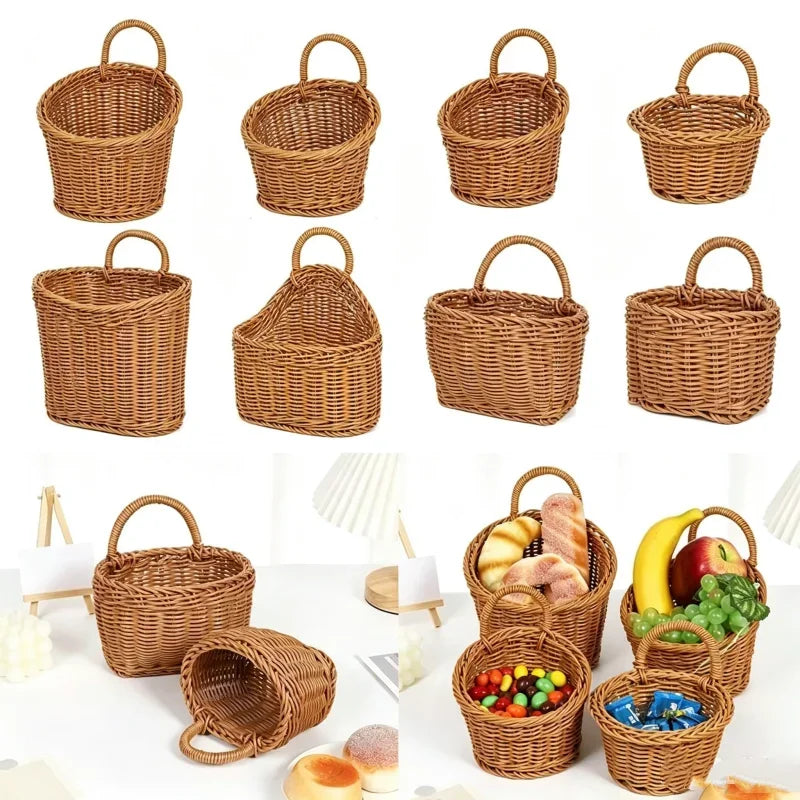 Kitchen Storage Basket,Home DecorImitation Rattan Hand-woven Hanging Baskets,Sundries Organizer Living Room Wall Hanging Basket