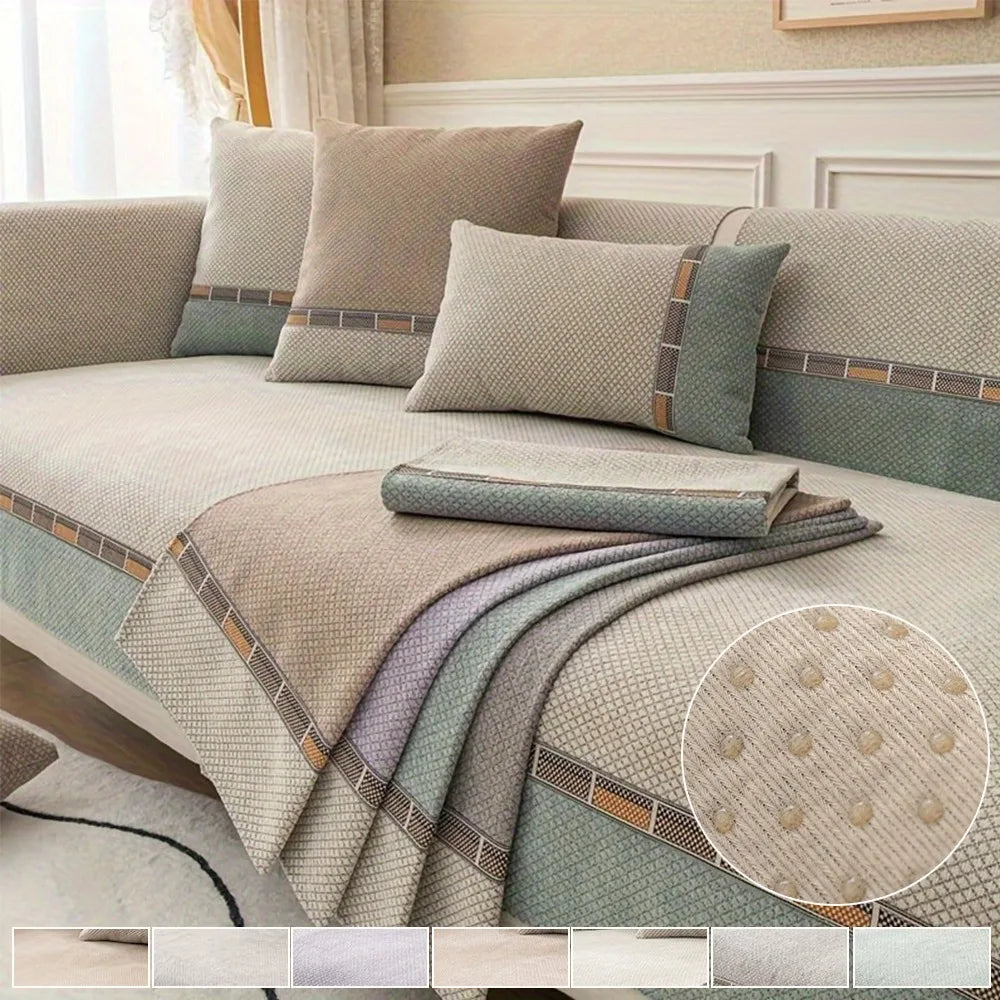 1pc Bohemian-Style Solid Color Small Diamond Chenille Non-Slip Sofa Cover,Two-Tone Splice Design,Ideal for Bedroom,Living Room