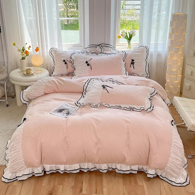 3/4Pcs Bedding Set Princess-Style Purple Bow Double-Layer Ruffles Duvet Cover Pillowcase Full-Size Queen Bed Sheet Set For Home
