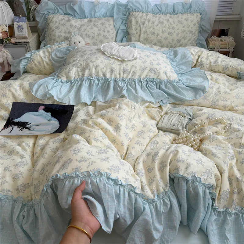 Korean Princess Style Floral Ruffles Bedding Set Washed Cotton Duvet Cover Bed Sheet Pillowcases Single Full Queen Size 3/4Pcs