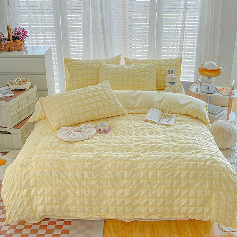Simple Two-Tone Seersucker Bedding Set Super Soft Skin-Friendly Sheet Kit with Quilt Cover Nordic Solid Breathable Home Textile