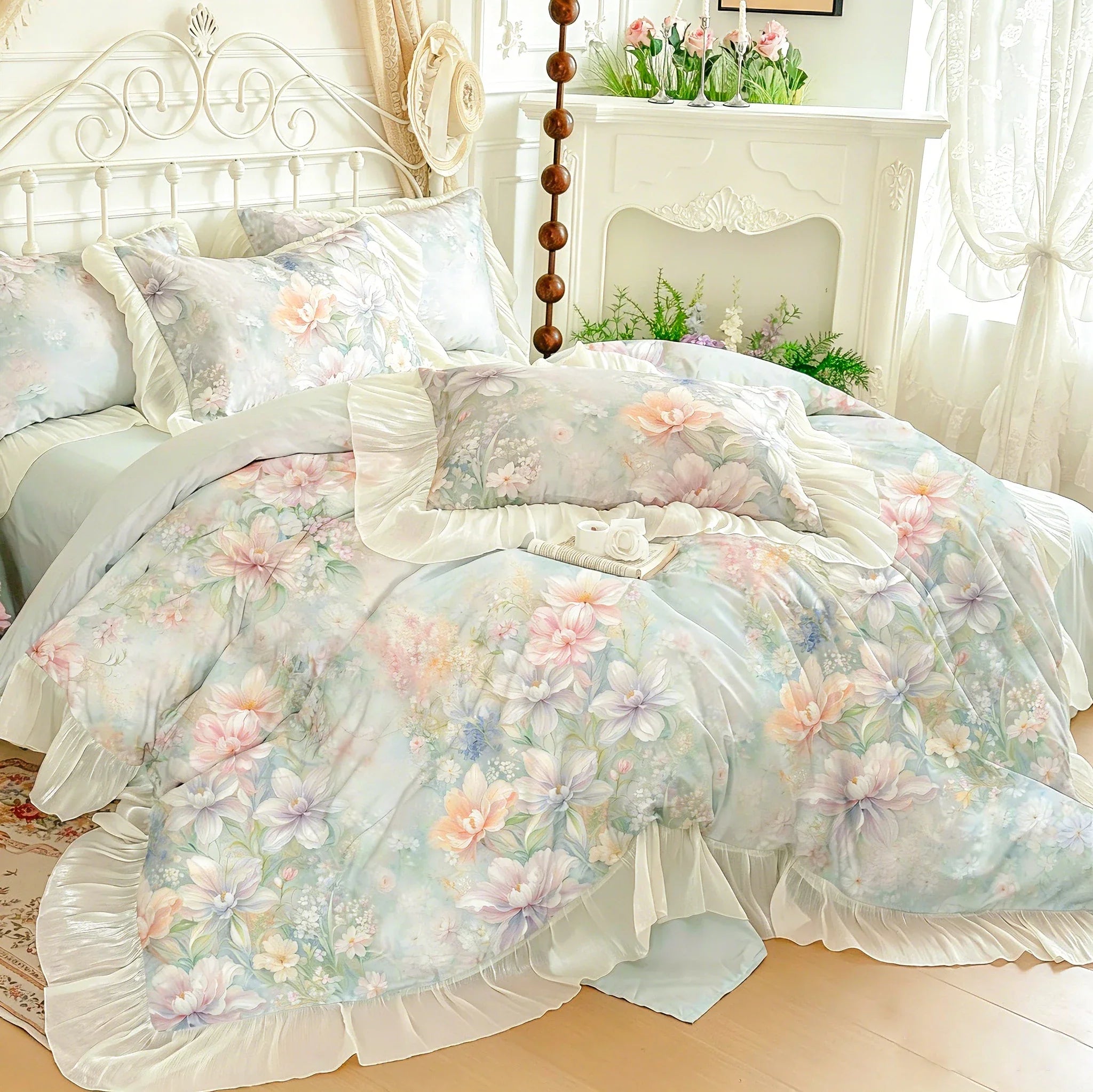 France Lace Princess Bedding Set Luxury Pink Egyptian Cotton Flowers Duvet Cover Sets Fitted Bed Sheet Pillowcases Home Textile