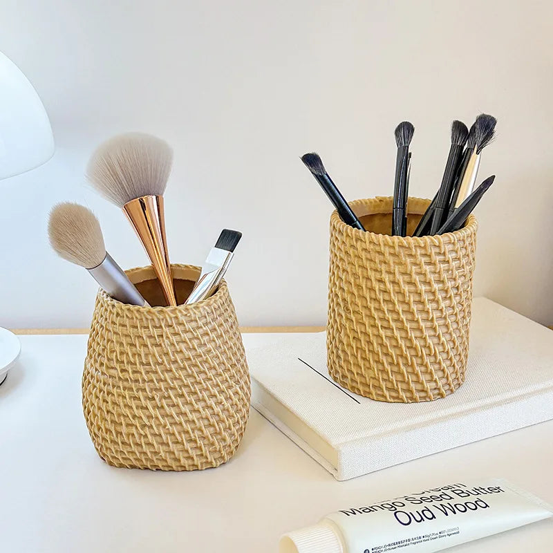 Imitation Rattan Woven Pen Holder Multi-functional Storage Basket Makeup Brush Storage Box Desk Organizer Office  Pen Holder