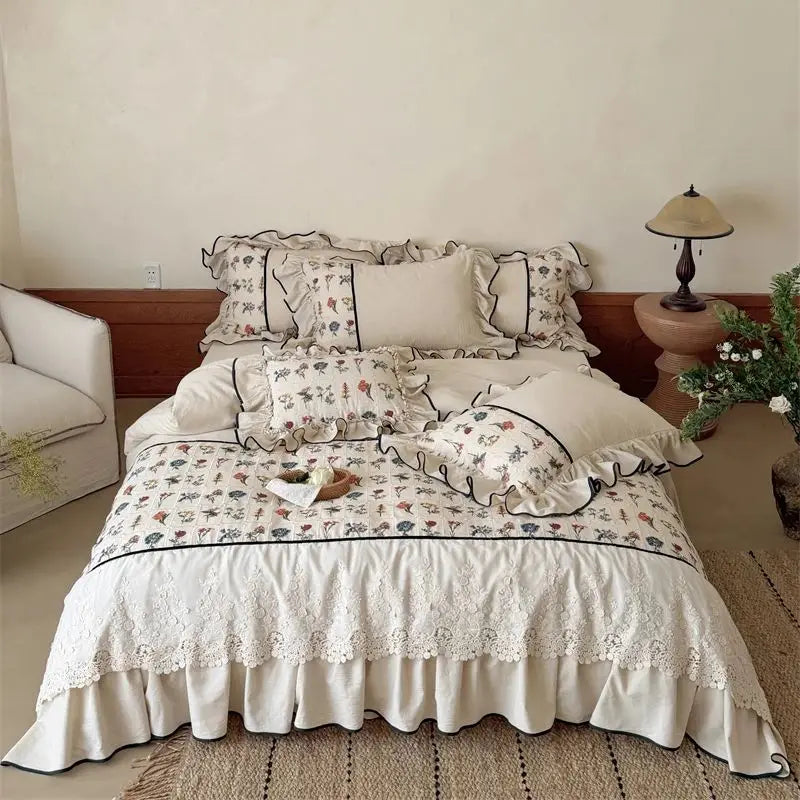Vintage Floral Embroidery Cotton Linen Blend Bedding Set Ruffle Lace Edge Duvet Cover Flat/Fitted Bed Sheet Pillowcases 4Pcs