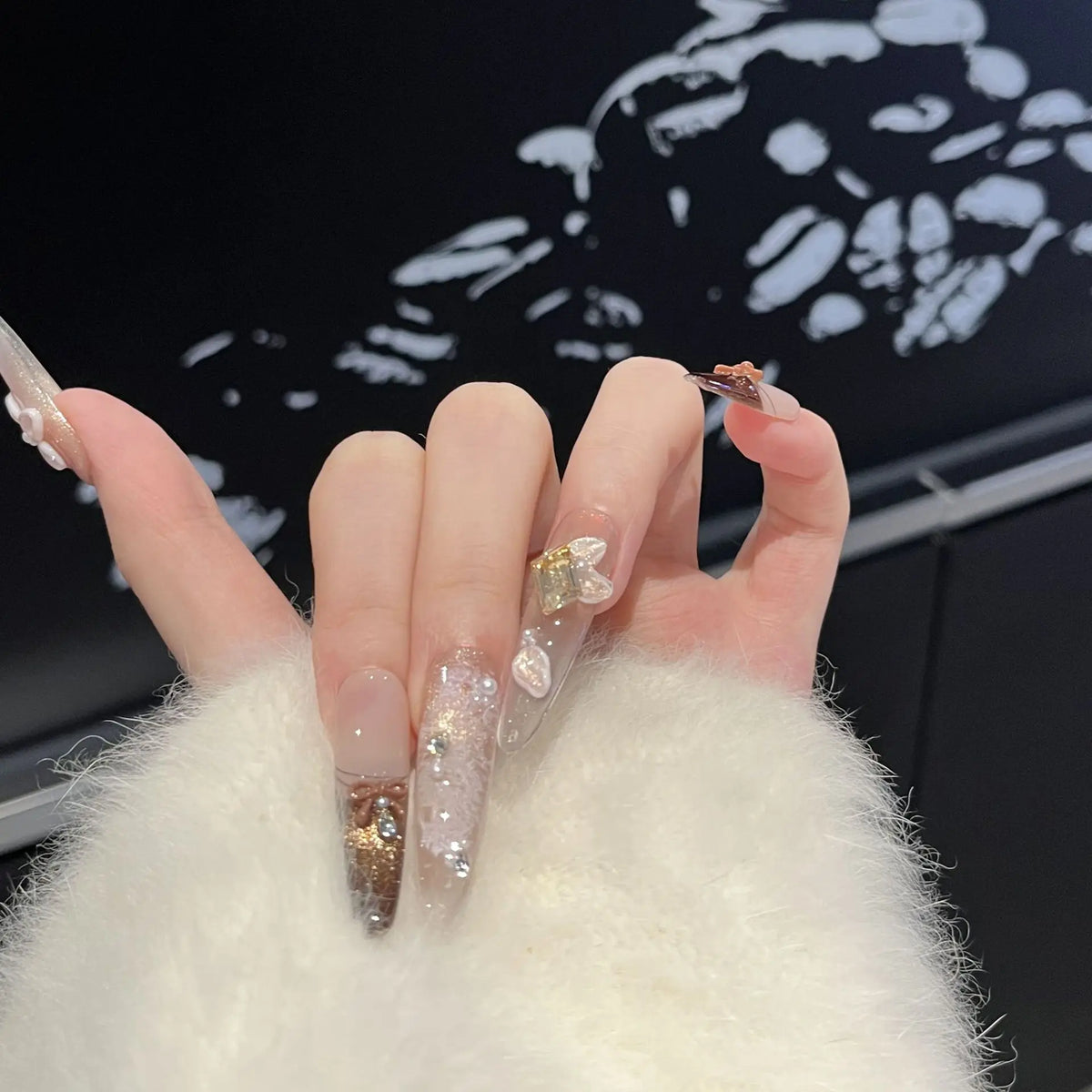 10pcs French Bowknot Fake Nails Glitter Diamond Stick on Nails Long Stiletto False Nails Mini Flowers Nail Tip Cat Eye Nail Art