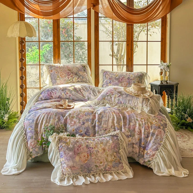 100% Cotton Double-layer yarn Bedding Set Vintage Chic Flowers Wide Chiffon Ruffle Edge Duvet cover Bed Sheet Pillowcases 4Pcs
