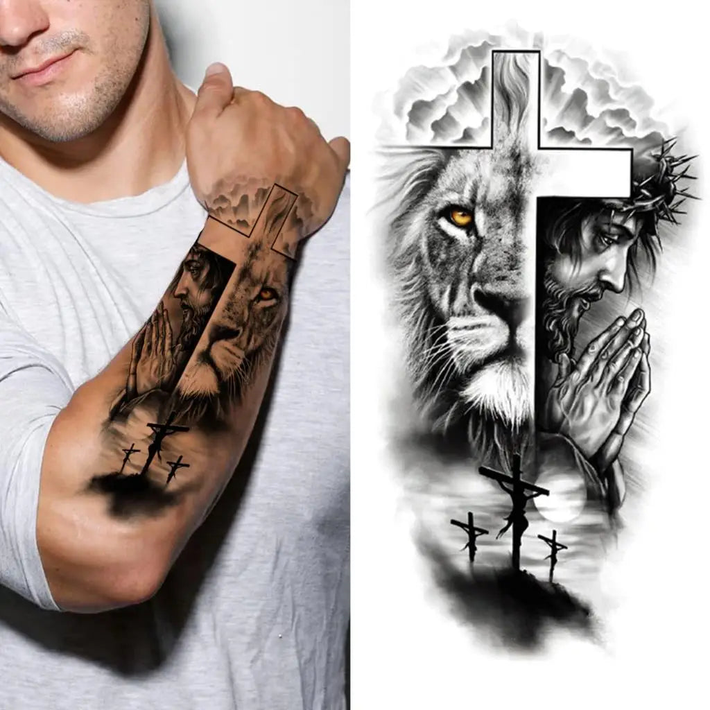 Waterproof Temporary Tattoo Sticker Lion Family Flash Tatto Tiger Wolf Moon Crown Flower Body Art Arm Fake Tatoo Men Women