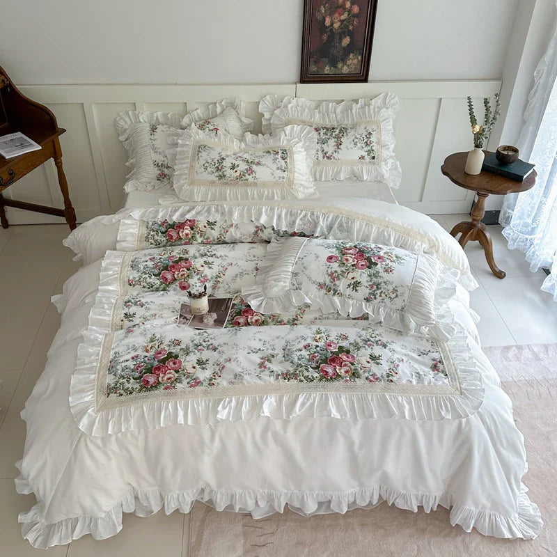 Egyptian Cotton Flowers Printng Bedding Set Luxury Pink Princess Lace Quilt Pillowcases Home Textile