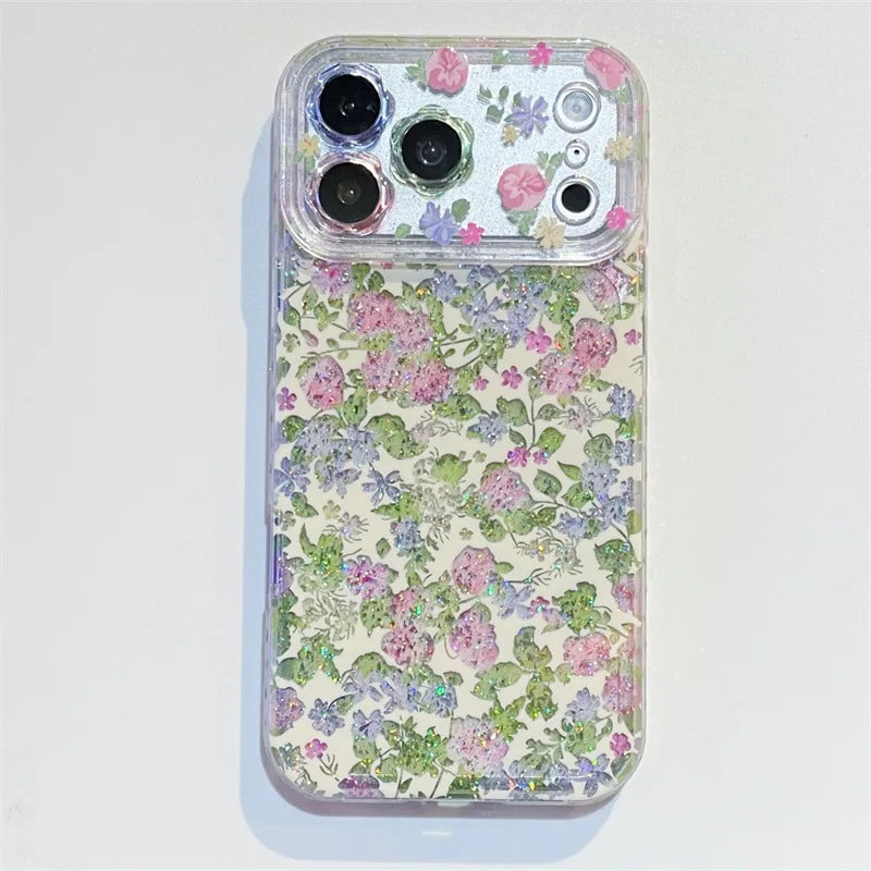 Korean Full Screen Colorful Flowers Glitter Pattern Phone Case for iPhone 17 16 15 14 Pro Max Shockproof Protective Cover