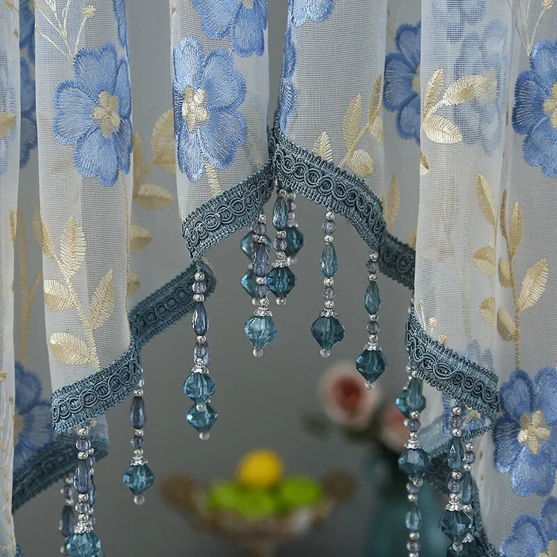 Embroidery Sheer Valance Door Decor Lace Short Curtain with Tassel Beads Embroidery Sheer Valance for Living Room New