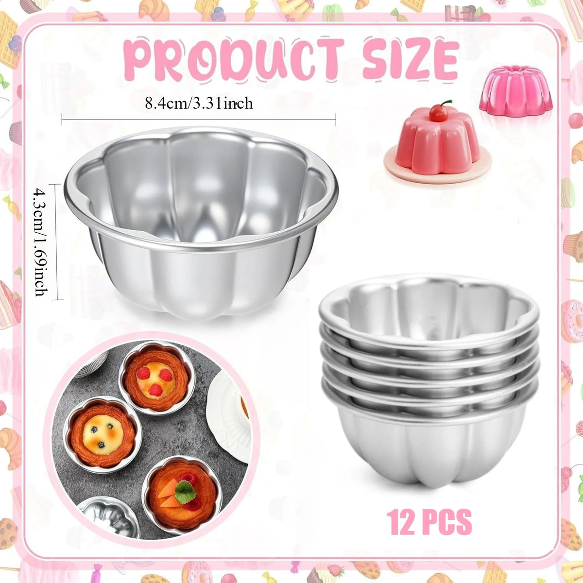 12PCS Flower Shape Egg Tart Molds Aluminum Alloy Reusable Pudding Jelly Mold for Home DIY Tartlet Cupcake Muffin Baking Supplies