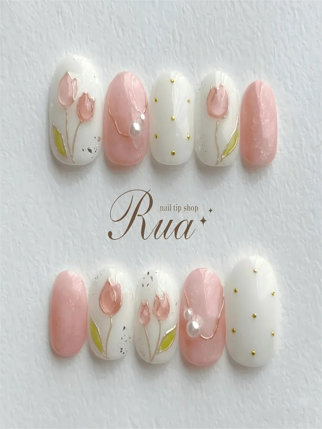 10Pcs Handmade Short Oval Press On Nails Pink White Gold Line Floral Pearl Fake Nails Glossy for Daily Valentine's Day