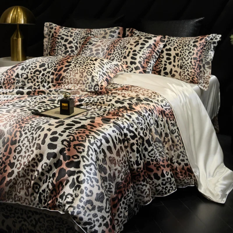 Leopard zebra print luxury high-end silk bedding set soft silk satin king size duvet cover sheet set