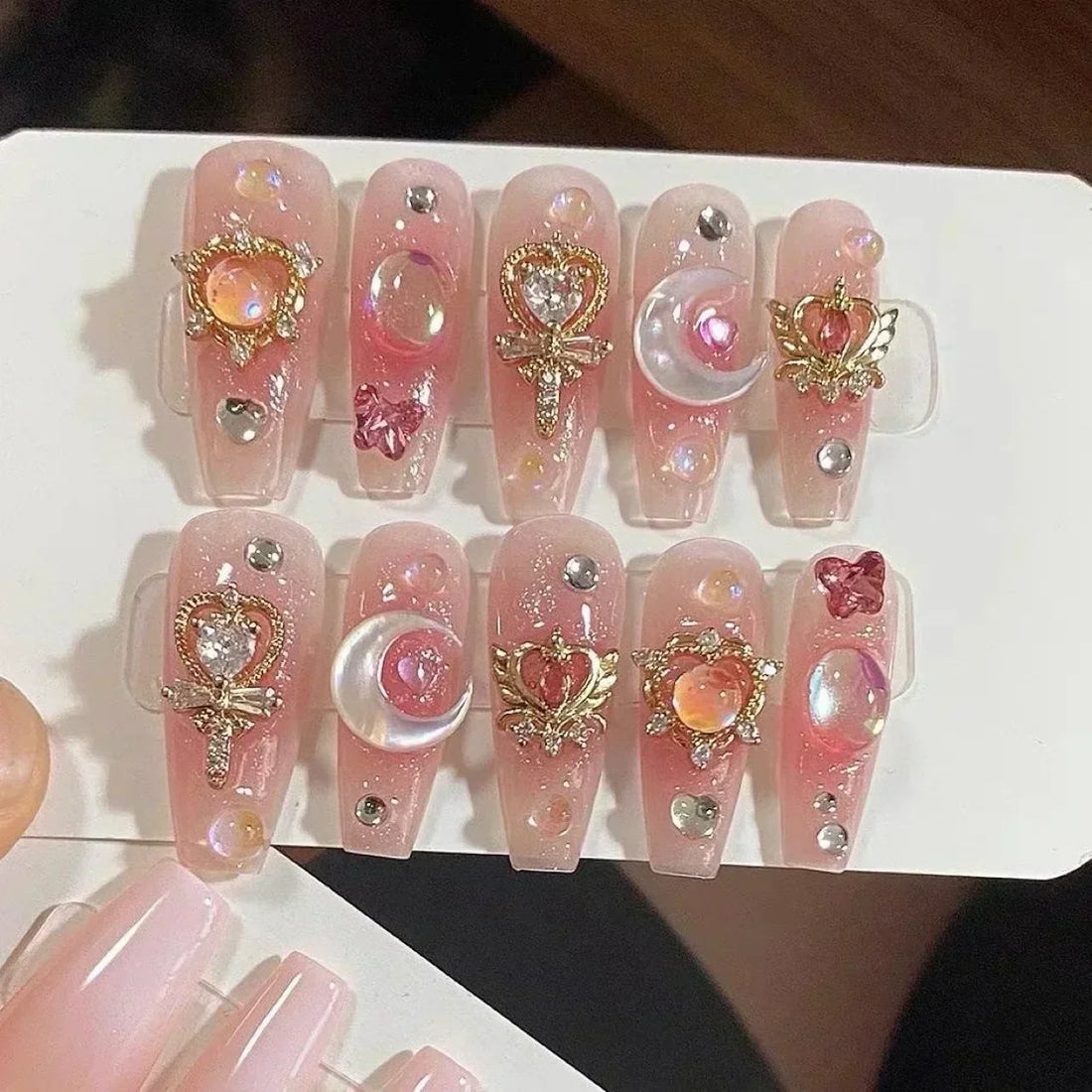 10Pcs Pink Coffin Handmade Press On Nails Moon Stars False Nails Sweet Bow Diamond Design Full Cover Ballet Fake Nails Press On
