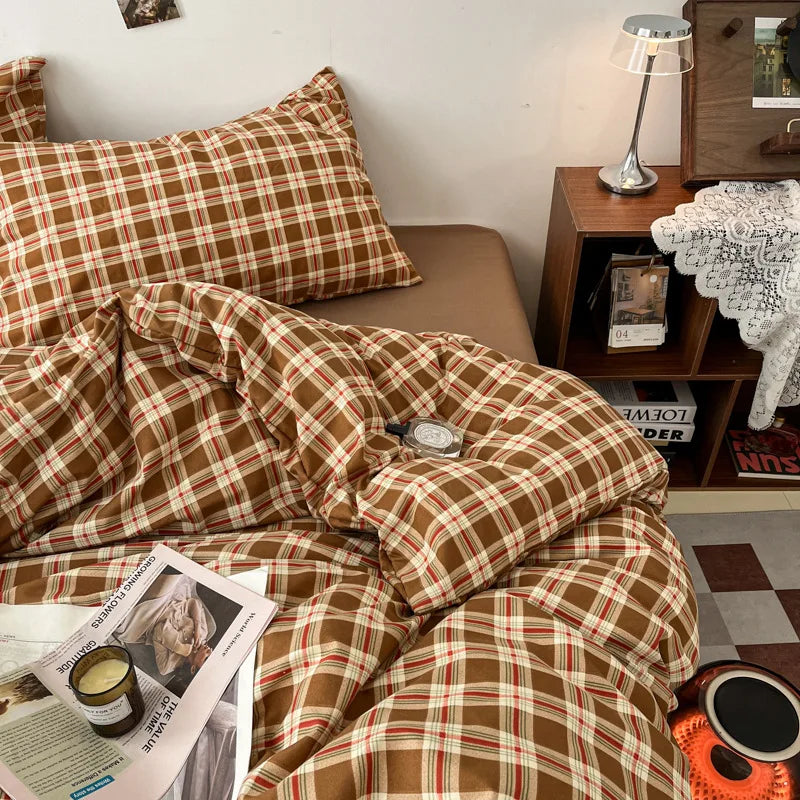 Vintage Geometric Plaid Printing Bedding Sets Nordic Soft Bedclothes for Four Seasons Skin-Friendly Quilt Cover Sheet Pillowcase