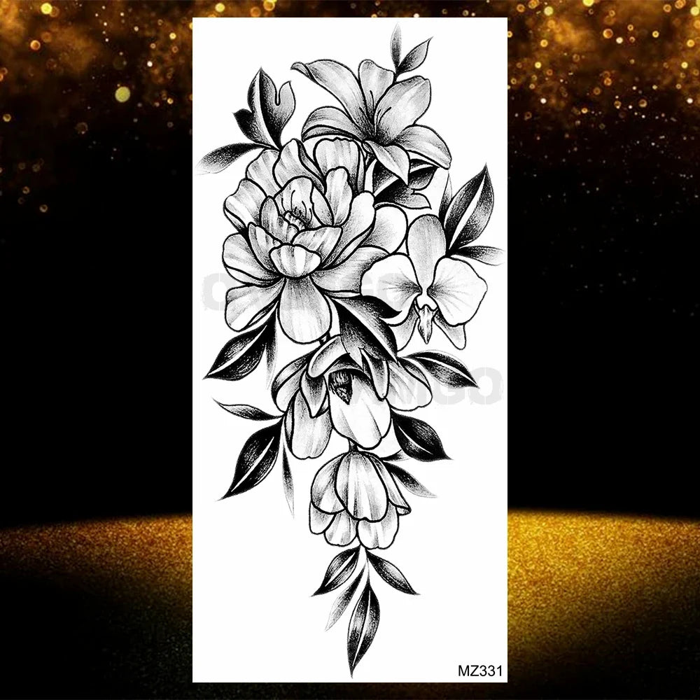 Realistic Black Rose Flower Temporary Tattoos Fake Waterproof Tatoo Body Art Arm Leg Floral Peony Bloosom Tattoo Stickers Makeup