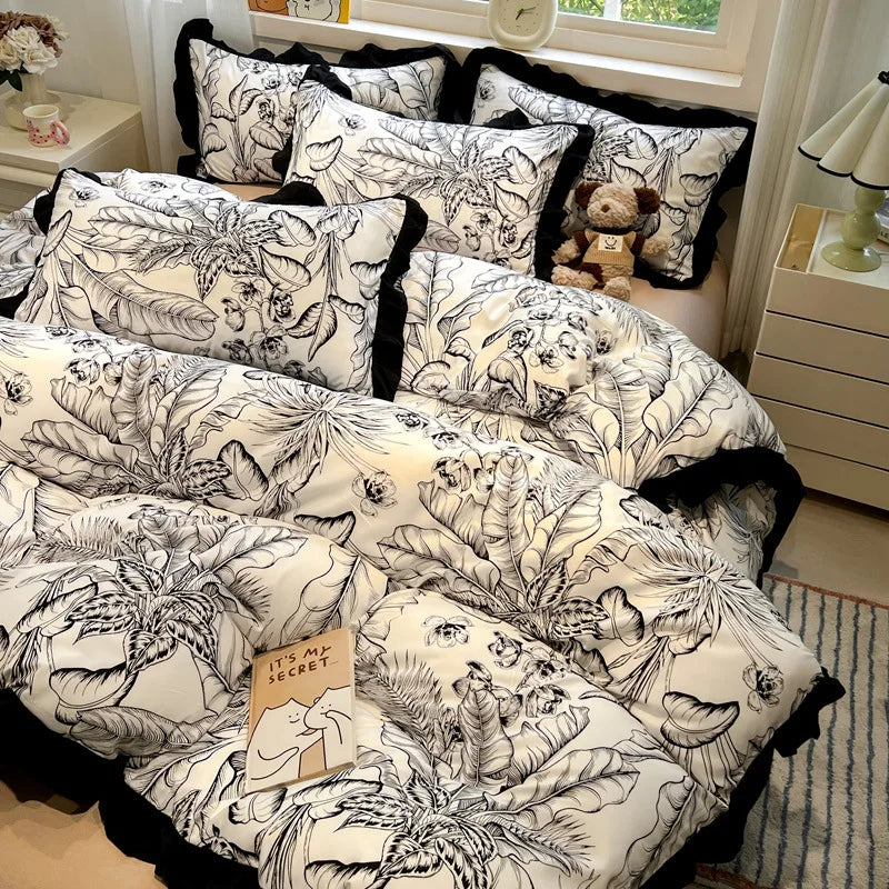 Hepburn Style Floral Print Bedding Sets Elegant Lace Super Soft Cozy Flat Sheet Set Home Dorm Textile Supplies for All Seasons