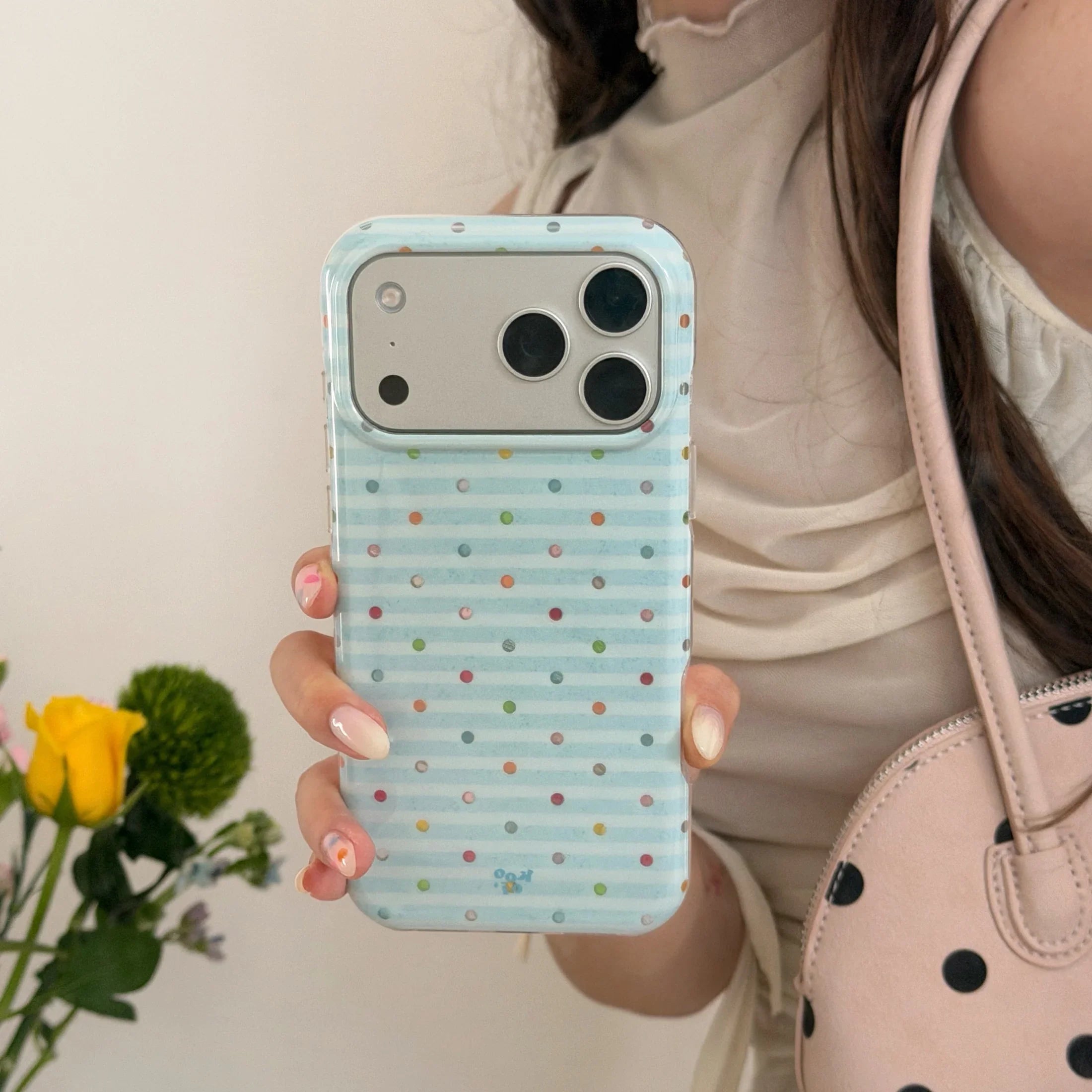 Light Blue Thin Striped Multicolor Tiny Polka Dot Glossy Cute Phone Case for iPhone 17 16 15 14 13 Pro Max Back Phone Cover Capa