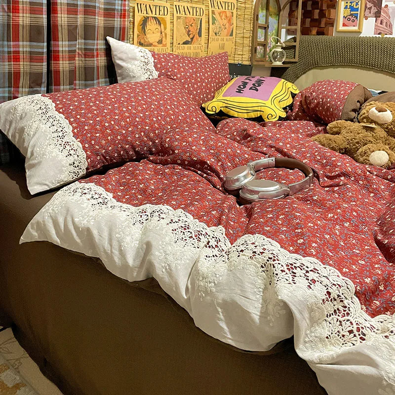 French Double-Layer Yarn Printing Bedding Set Comfort Colorfast Comforter Sets with Lace Retro Floral Skin-Friendly Bed Linens