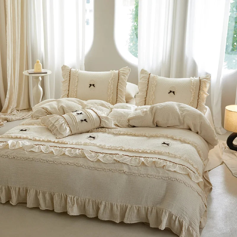 Princess Style Lace Trim Cotton Linen 4Pcs Bedding Set, French High-End Linen Duvet Cover & Sheet Set, Machine Washable