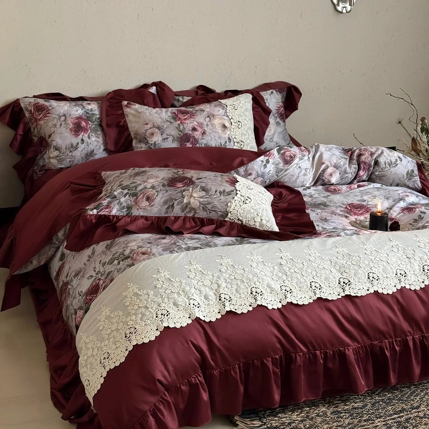 Luxury Digital printing Bedding Sets Egyptian Cotton Home Textile 4pcs Lace Embroidery Duvet Cover Bed Sheet Linen Pillowcases