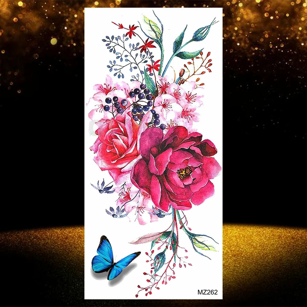 Realistic Black Rose Flower Temporary Tattoos Fake Waterproof Tatoo Body Art Arm Leg Floral Peony Bloosom Tattoo Stickers Makeup