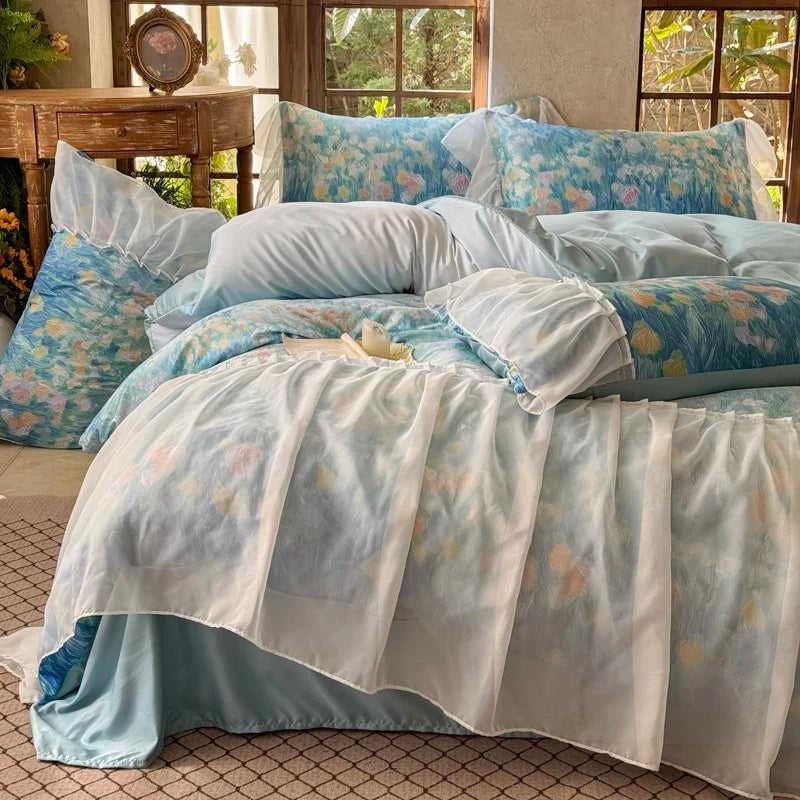 4Pcs French Princess Style Tencel Cotton Ice Silk Summer Cooling Comforter Set Blue Print Ruffle Bedding Set 1.5M Bedspread