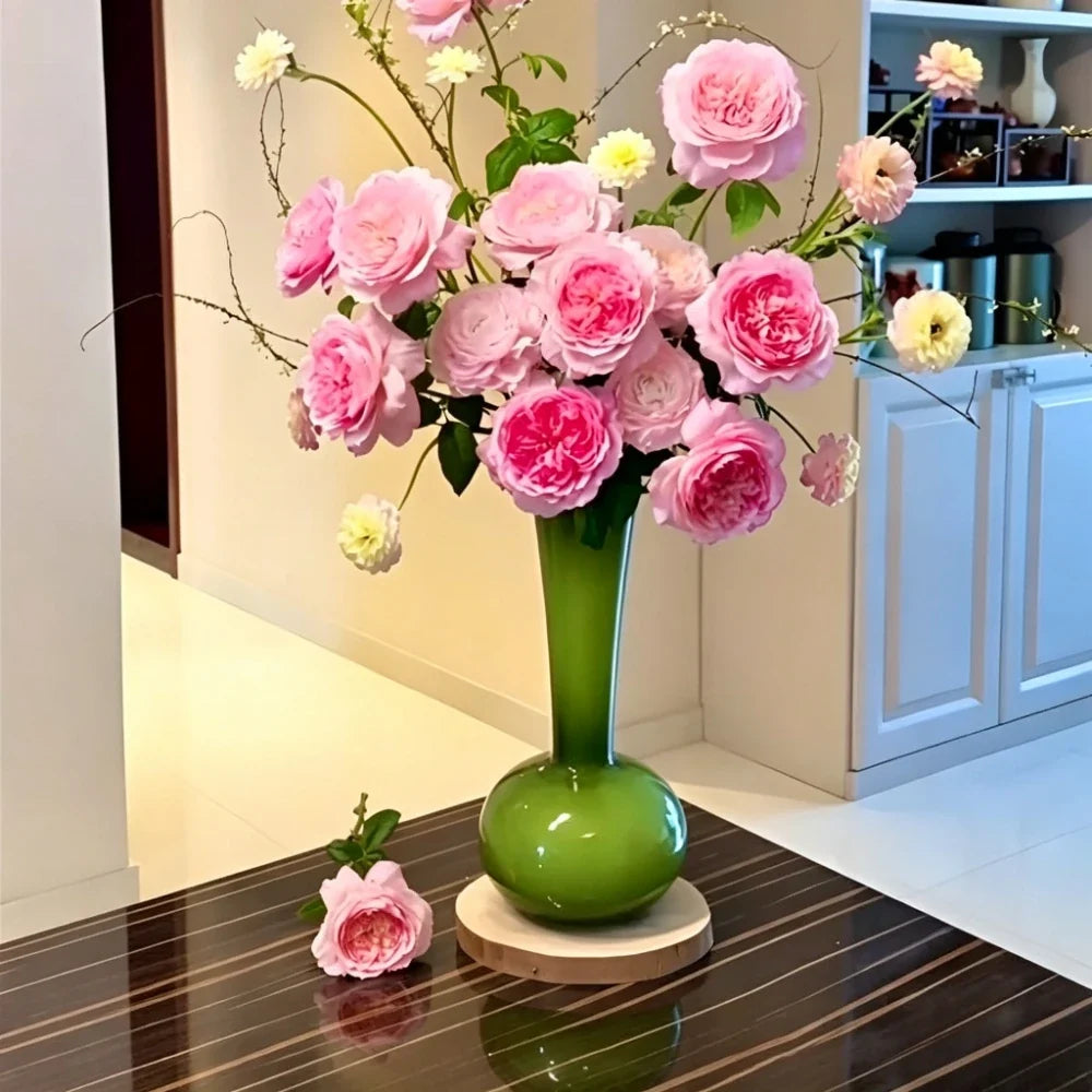 Modern Green Narrow Neck Glass Vase Floral Arrangements Bottle Minimalist Office Table Centerpiece Decor Home Aesthetic