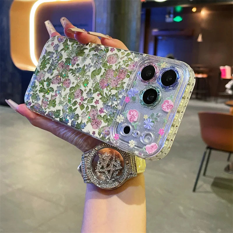 Korean Full Screen Colorful Flowers Glitter Pattern Phone Case for iPhone 17 16 15 14 Pro Max Shockproof Protective Cover