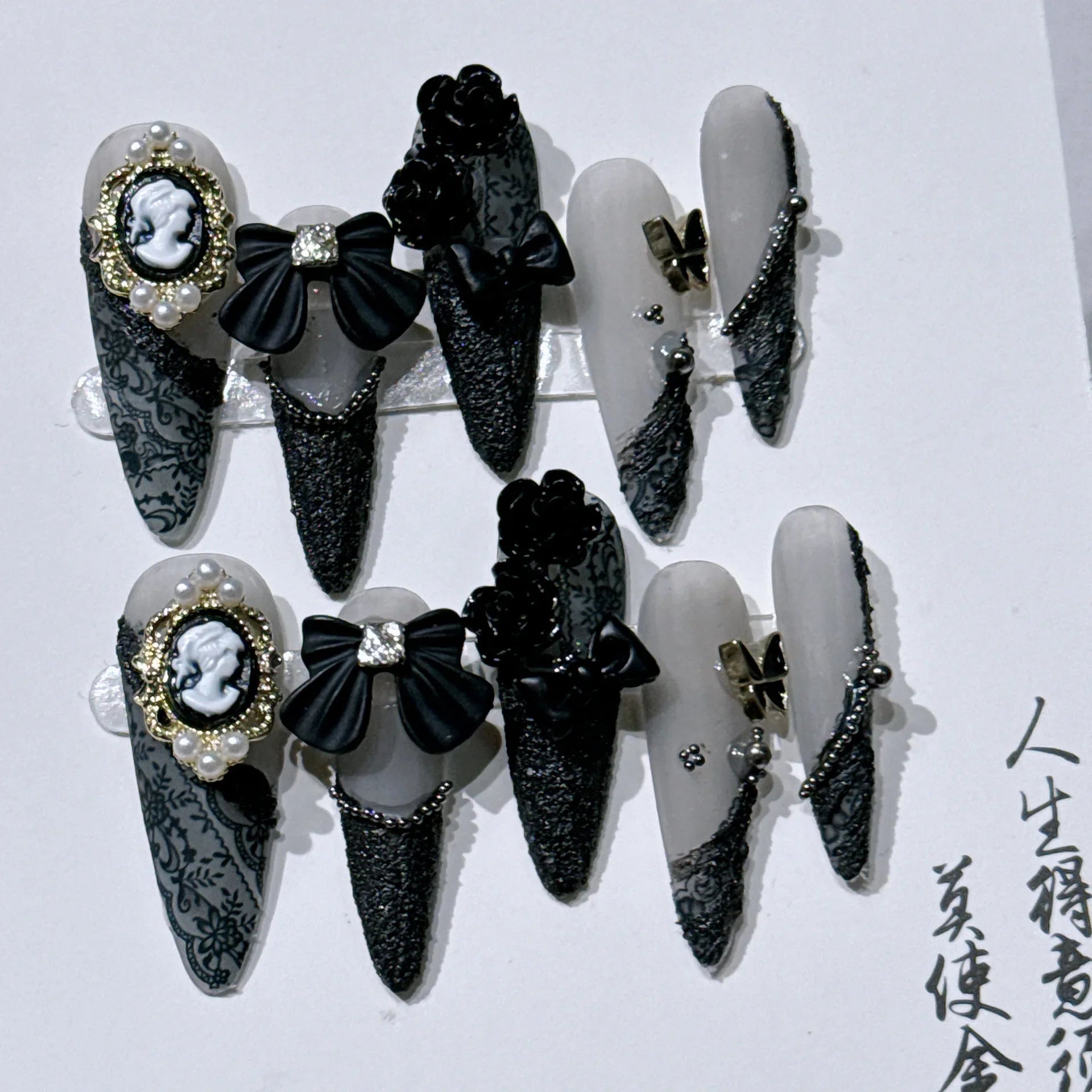 10Pcs French Press on Nails Almond Handmade Fake Nails Gradient Diamond Pearl False Nails Set Vintage Acrylic Nail Art for Girls