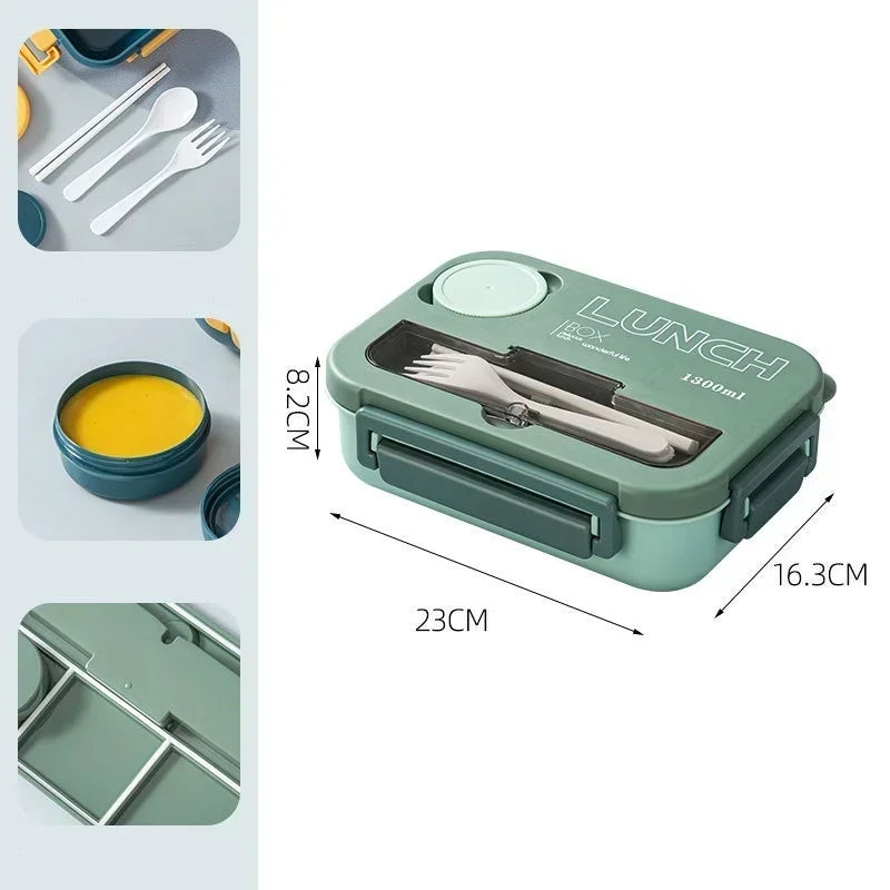 Student and office worker-friendly compartmentalized lunch box with fork and spoon, suitable for microwave use