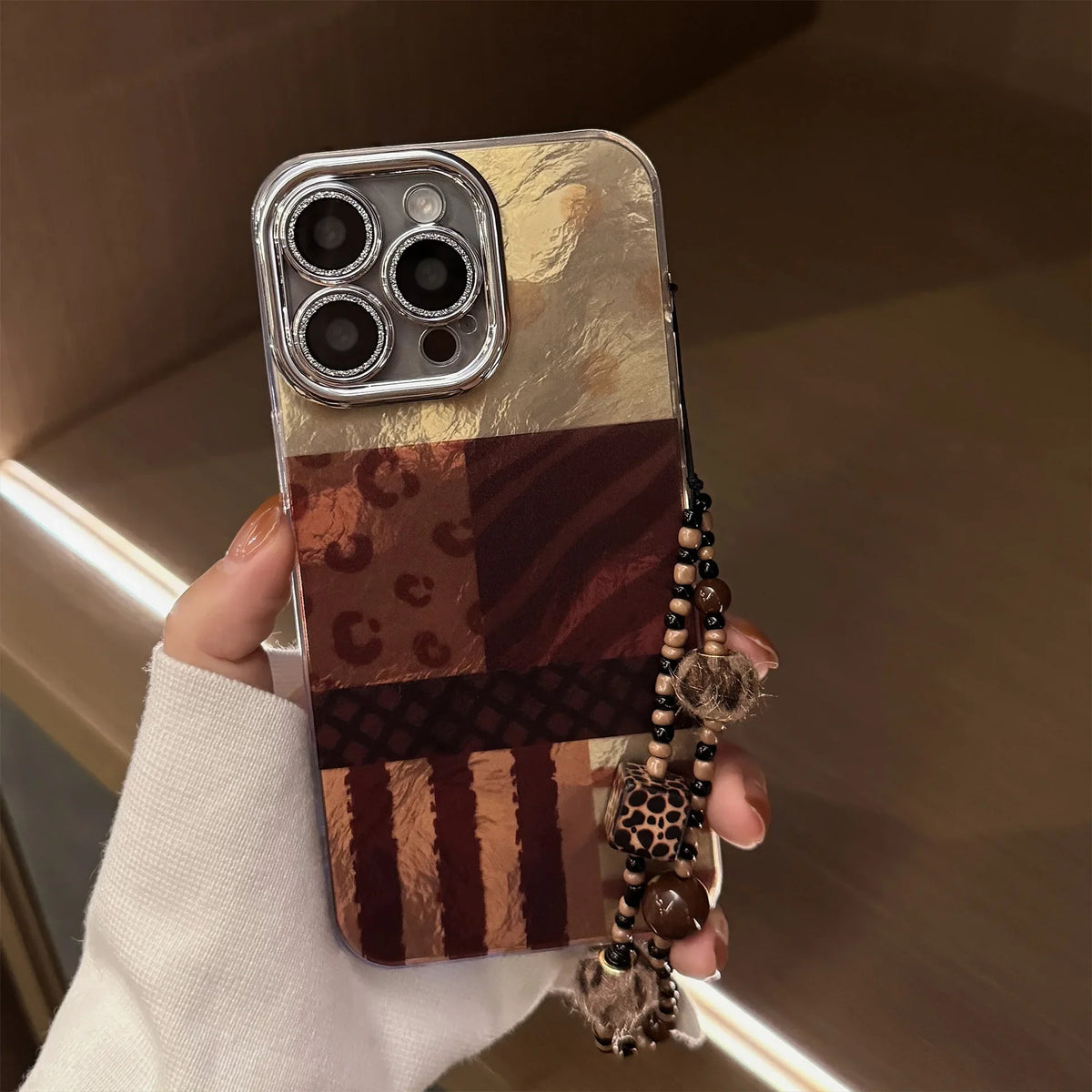 Ins Splicing Phone Case For iPhone 16e 15 14 13 12 11 Pro Max XR X XS 7 8 Plus Bracelet Chain Glitter Lens Film Shockproof Cover