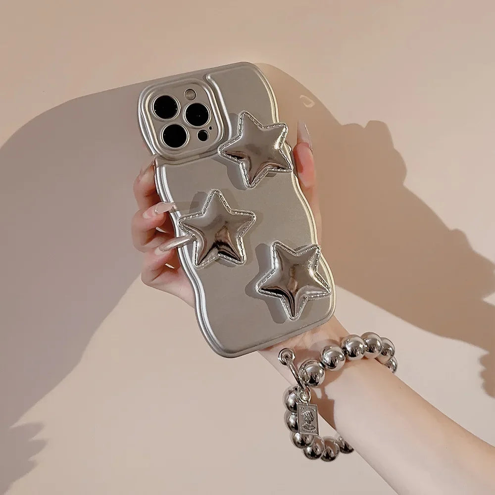 Korean 3D Puff Star Sliver Electroplated Phone Case with Bracelet Chain For iPhone 16 15 14 13 12 11 Pro Max Shockproof Cover