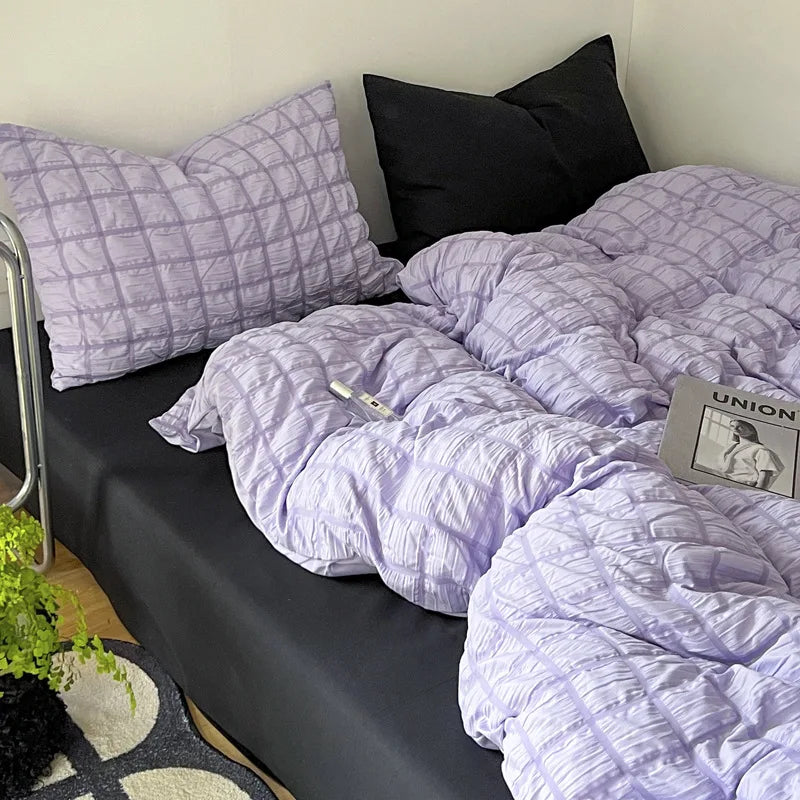 Simple Two-Tone Seersucker Bedding Set Super Soft Skin-Friendly Sheet Kit with Quilt Cover Nordic Solid Breathable Home Textile
