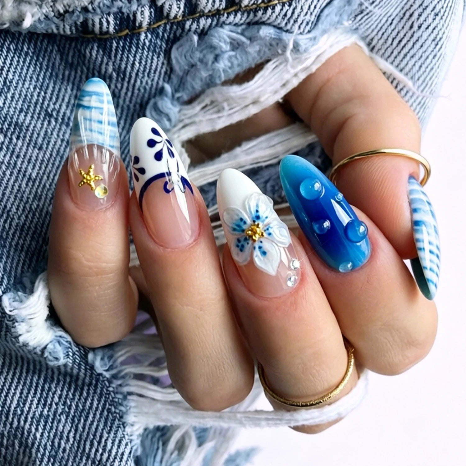 10pcs Blue Gradient French Almond Shaped False Nails 3D Flowers Shell Bubble Design  Press on Nails Wearable False Nails Tips