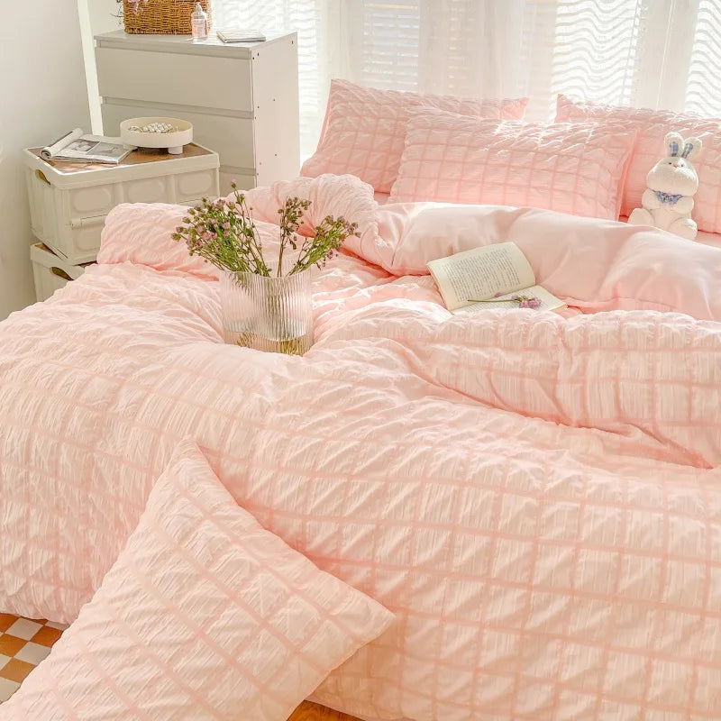 Simple Two-Tone Seersucker Bedding Set Super Soft Skin-Friendly Sheet Kit with Quilt Cover Nordic Solid Breathable Home Textile
