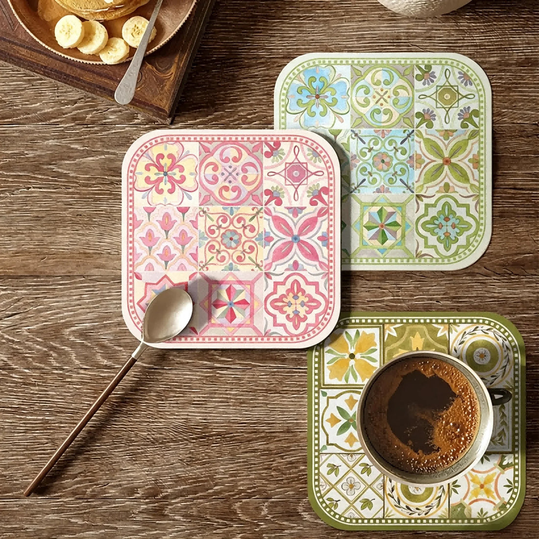 American Mosaic Tile Coaster Vintage Pattern Absorbent Anti-Slip Cup Mat Elegant Table Placemat Coffee Mug Cushion Home Decor