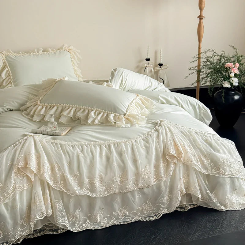 Green Egyptian Cotton Princess Bedding Set Luxury Lace Butterfly Embroidery Duvet Cover Sets Bed Sheet Pillowcases Home Textile