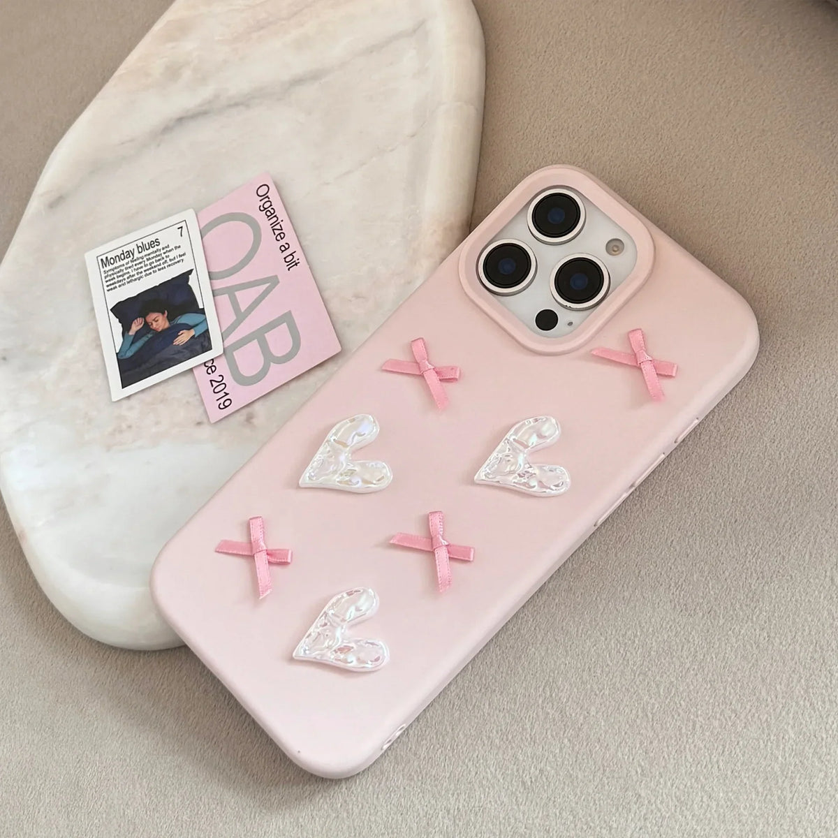 3D Pink Love Heart Bow Phone Case for IPhone16 15 14 12 13 11 Pro ProMax Mini Plus X XR Shockproof Phone Cover