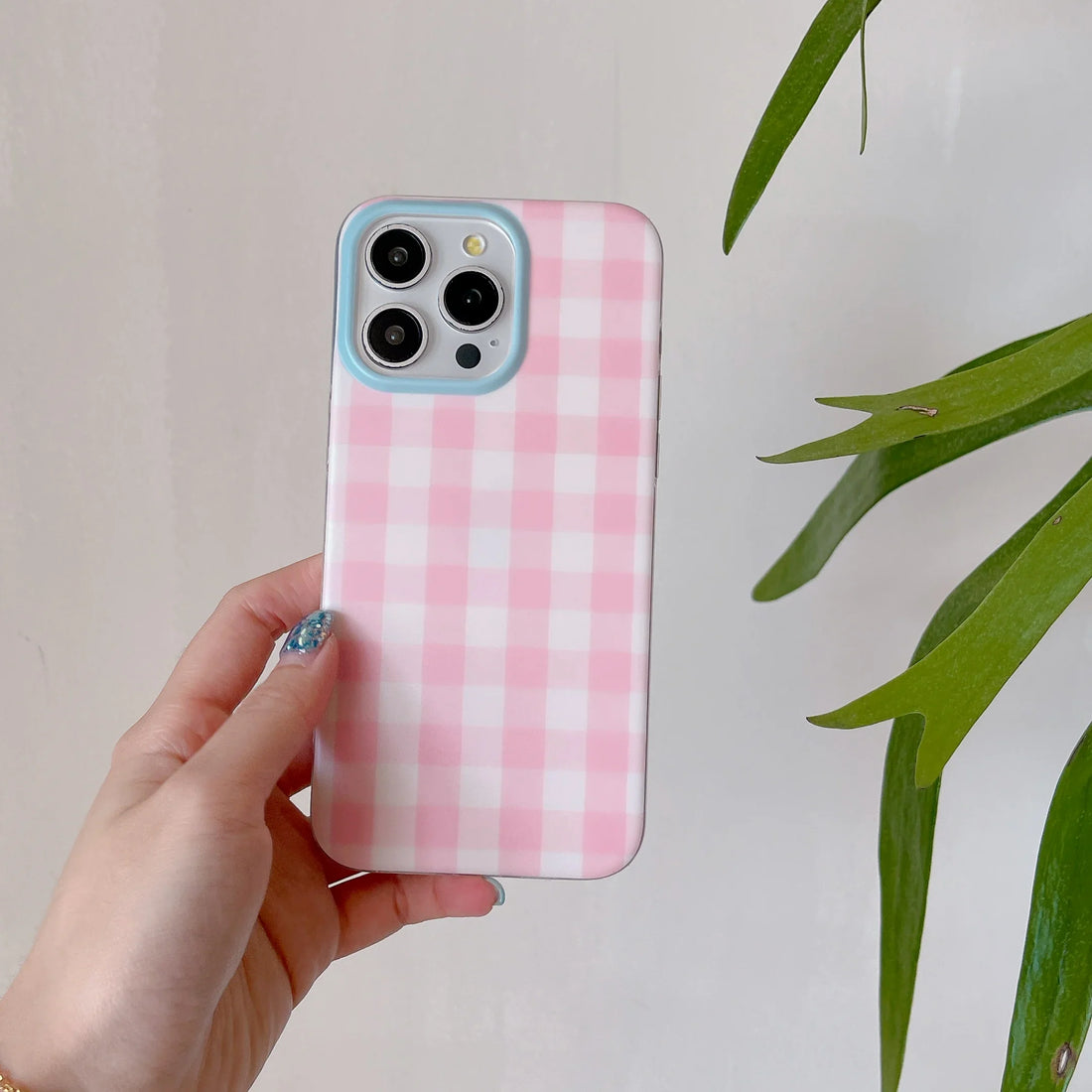 Korean INS Pink Checker Matte Double Layers Ring Strap Phone Case for iPhone 16 15 14 13 Pro Max Back Cover for 12 Pro Funda