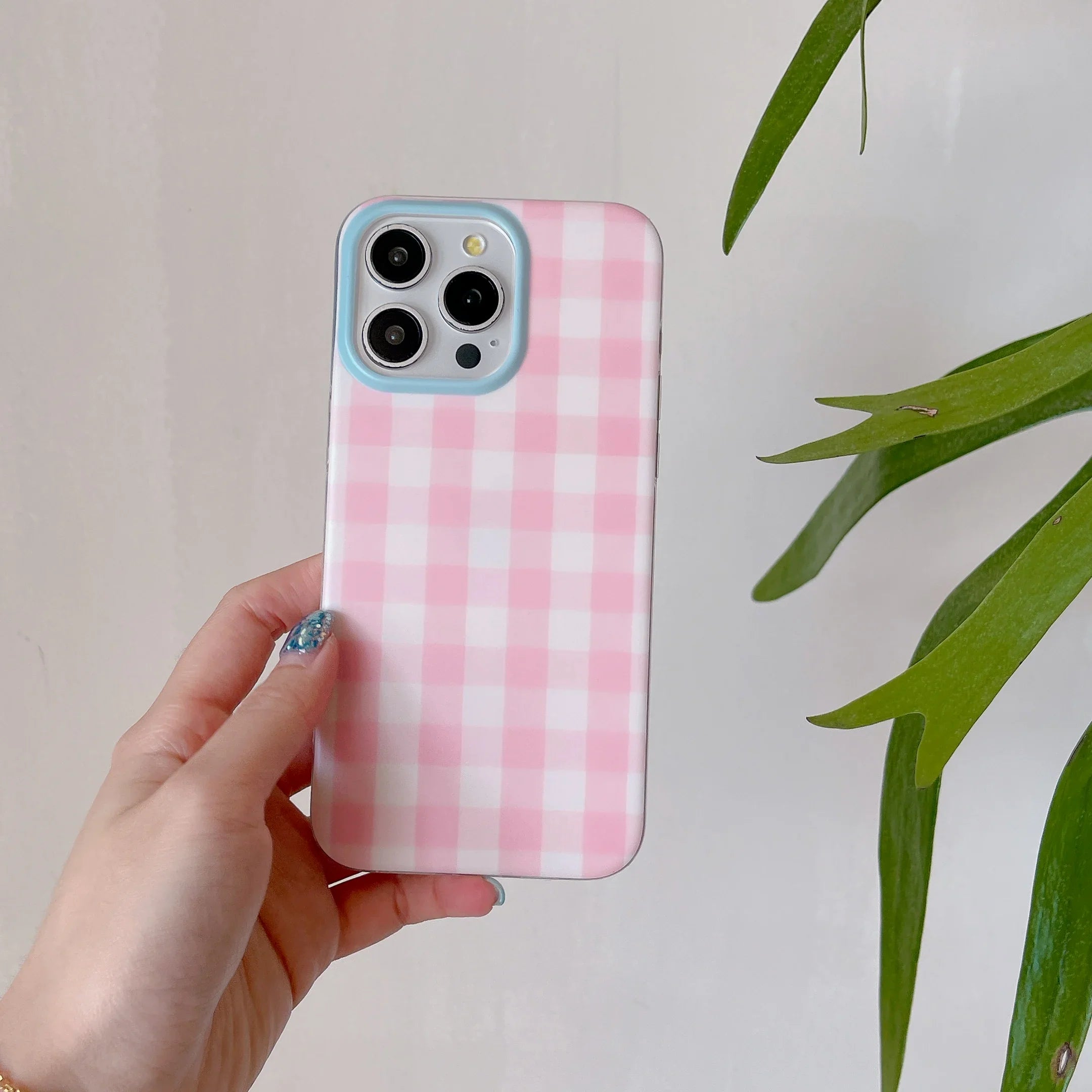 Korean INS Pink Checker Matte Double Layers Ring Strap Phone Case for iPhone 16 15 14 13 Pro Max Back Cover for 12 Pro Funda